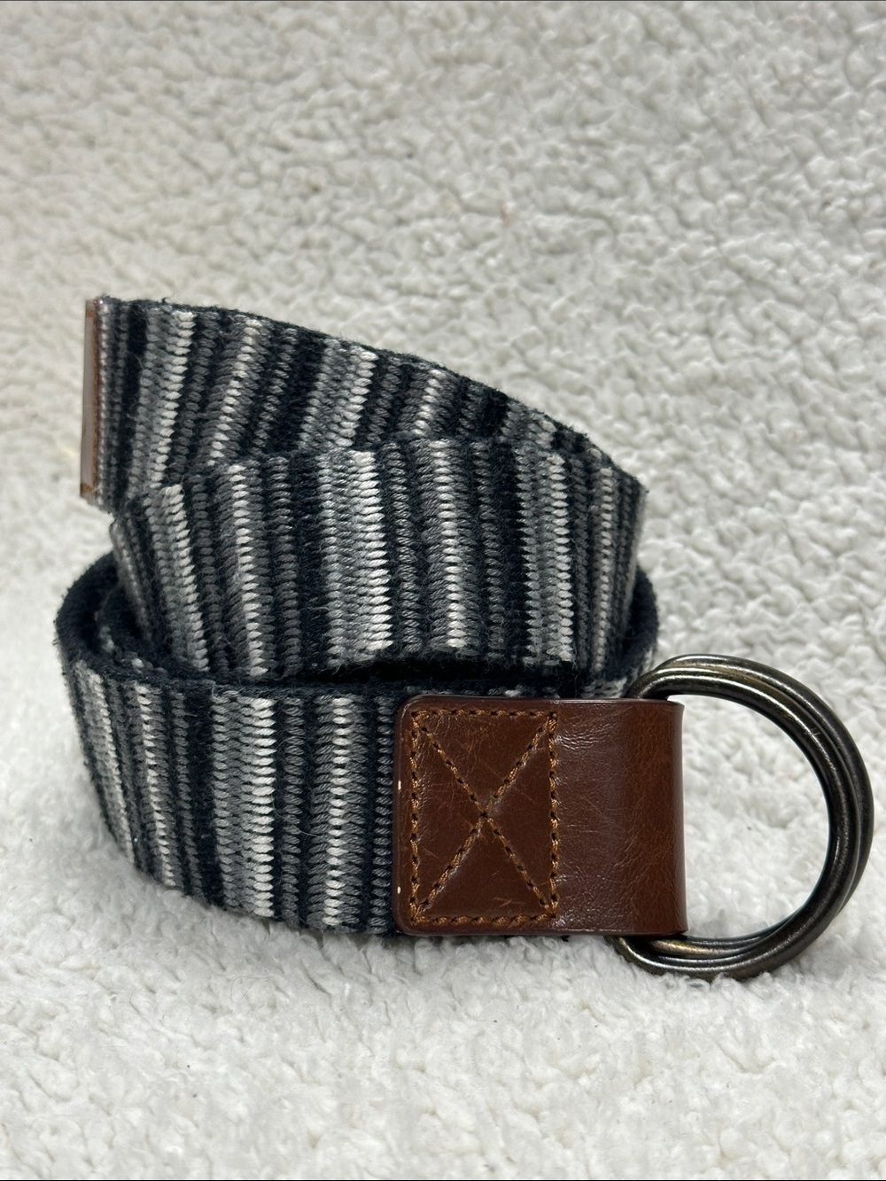 Men’s Black & Gray Striped Canvas Double D-ring belt, Leather Trim